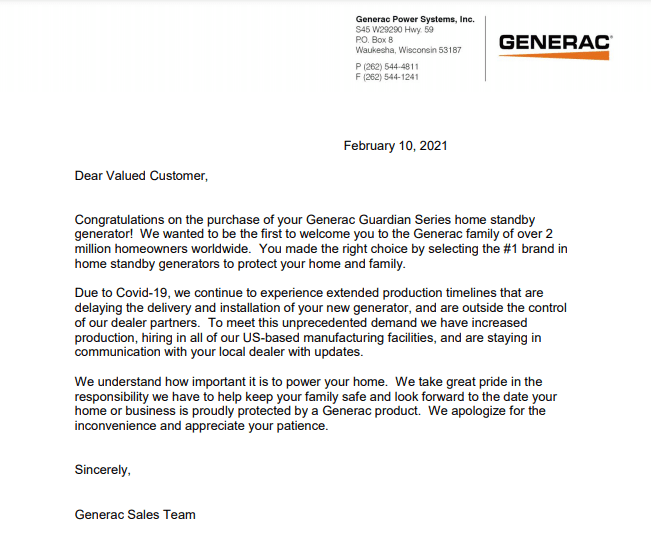 Generac Lead Time Letter_2-10-21