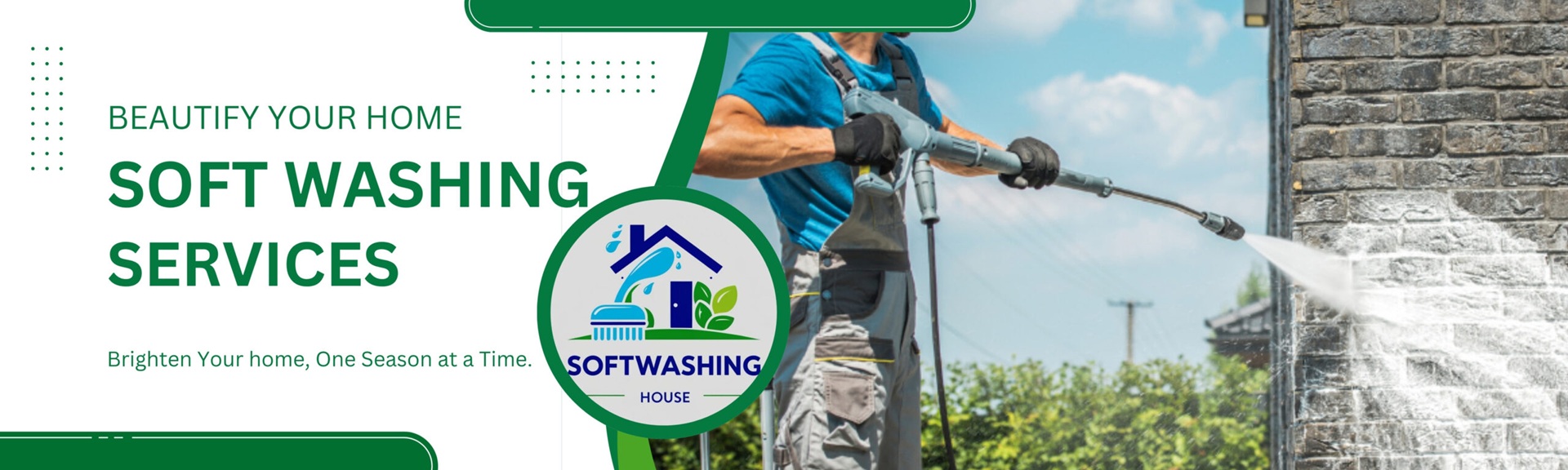 Soft washing and power washing services cleaning a residential home exterior.