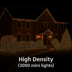 Heavy / Pro Density (40–45 lights per square foot). Wrap spacing: 2.5–3.5 inches apart. This is the premium, magazine-worthy look—thick, vibrant, and brilliantly lit. With professional-grade wrapping, every bush and tree becomes a showpiece packed with color and sparkle.