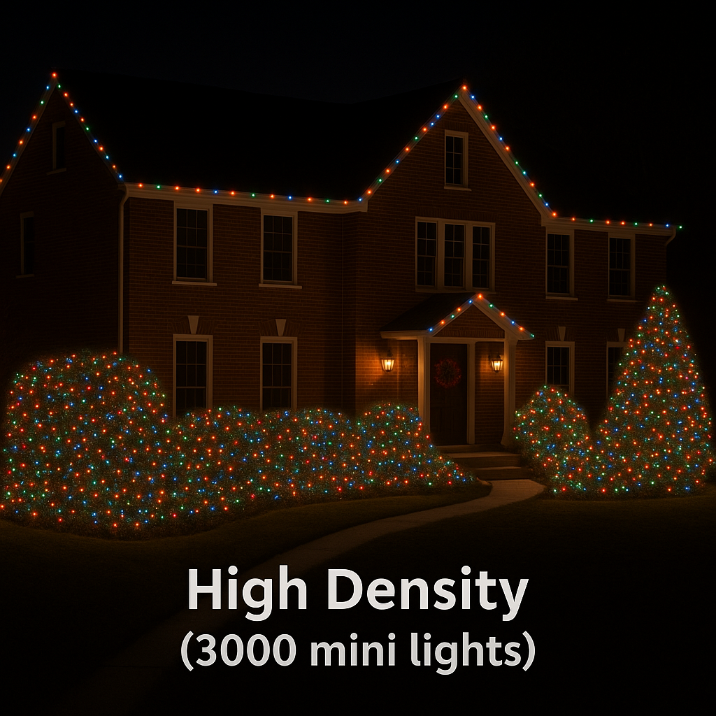 Heavy / Pro Density (40–45 lights per square foot). Wrap spacing: 2.5–3.5 inches apart. This is the premium, magazine-worthy look—thick, vibrant, and brilliantly lit. With professional-grade wrapping, every bush and tree becomes a showpiece packed with color and sparkle.