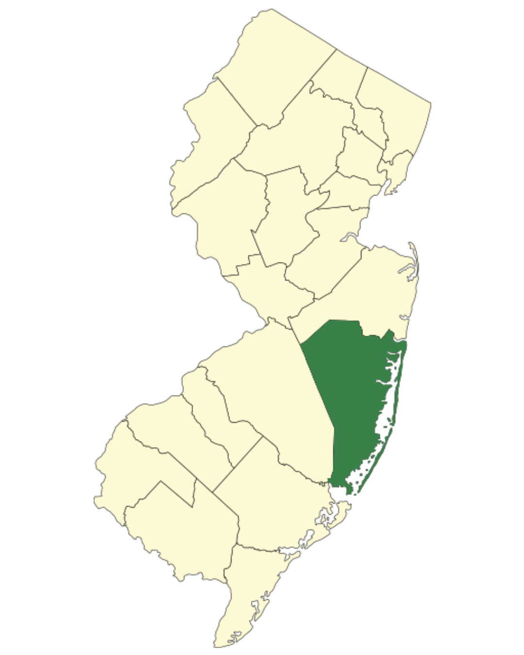 Map of New Jersey highlighting Ocean County service area.