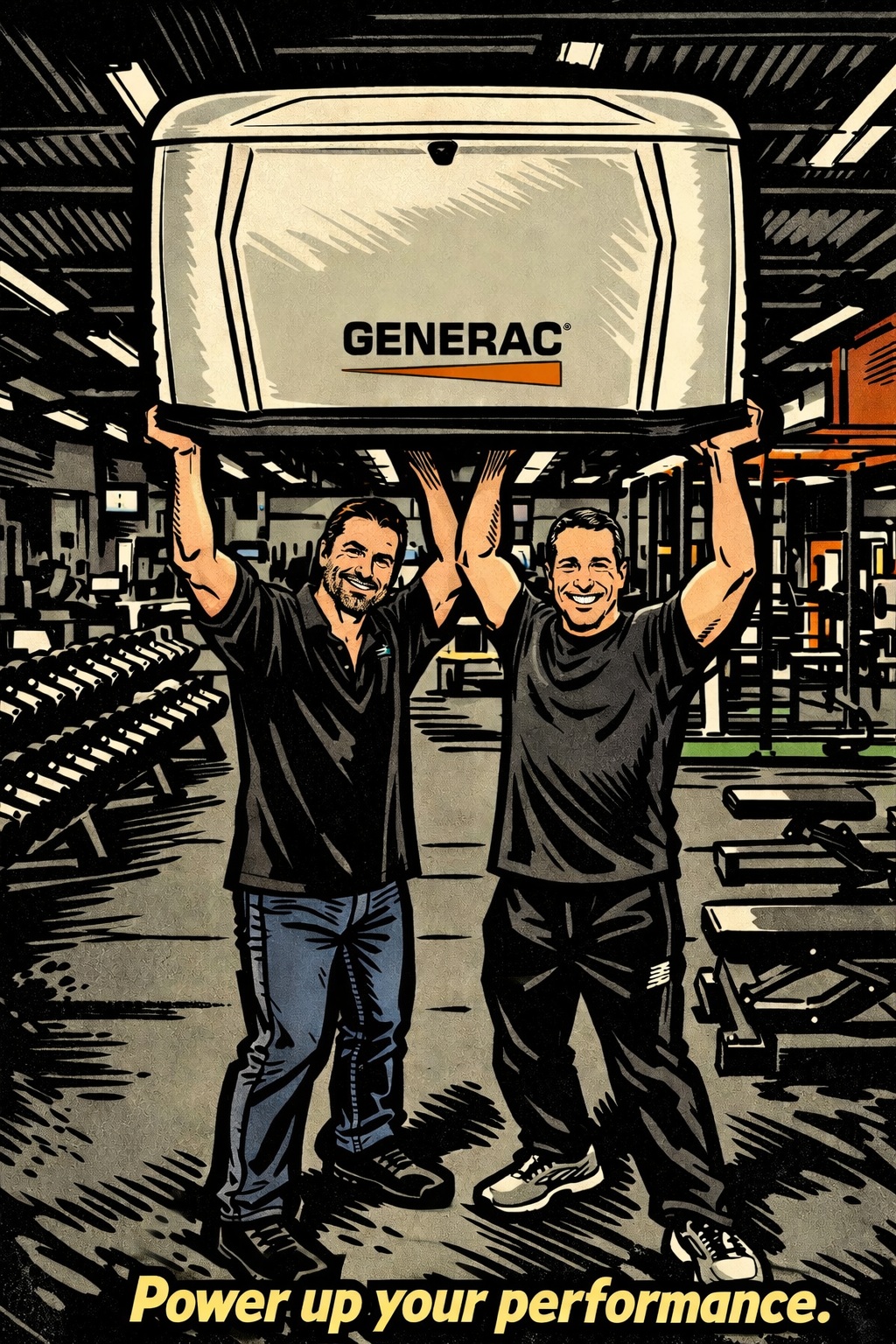 Functionised and Green Sun Energy Services team lifting a Generac generator with Power up your performance tagline