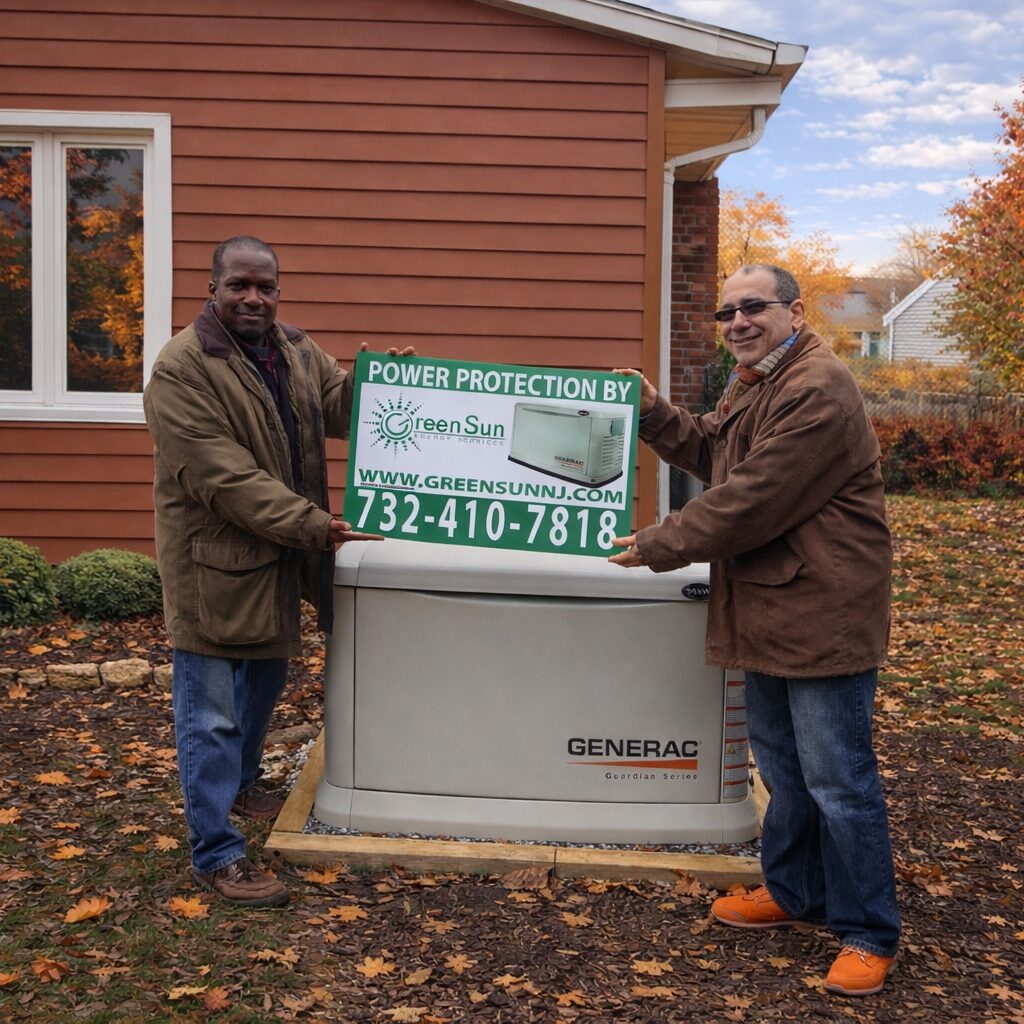 Aberdeen, NJ homeowner holding a Green Sun Energy Services sign next to a Generac standby generator installed and maintained by Green Sun Energy Services, LLC