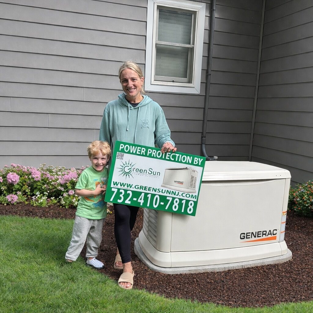 Allenhurst, NJ homeowner holding a Green Sun Energy Services sign next to a Generac standby generator installed and maintained by Green Sun Energy Services, LLC