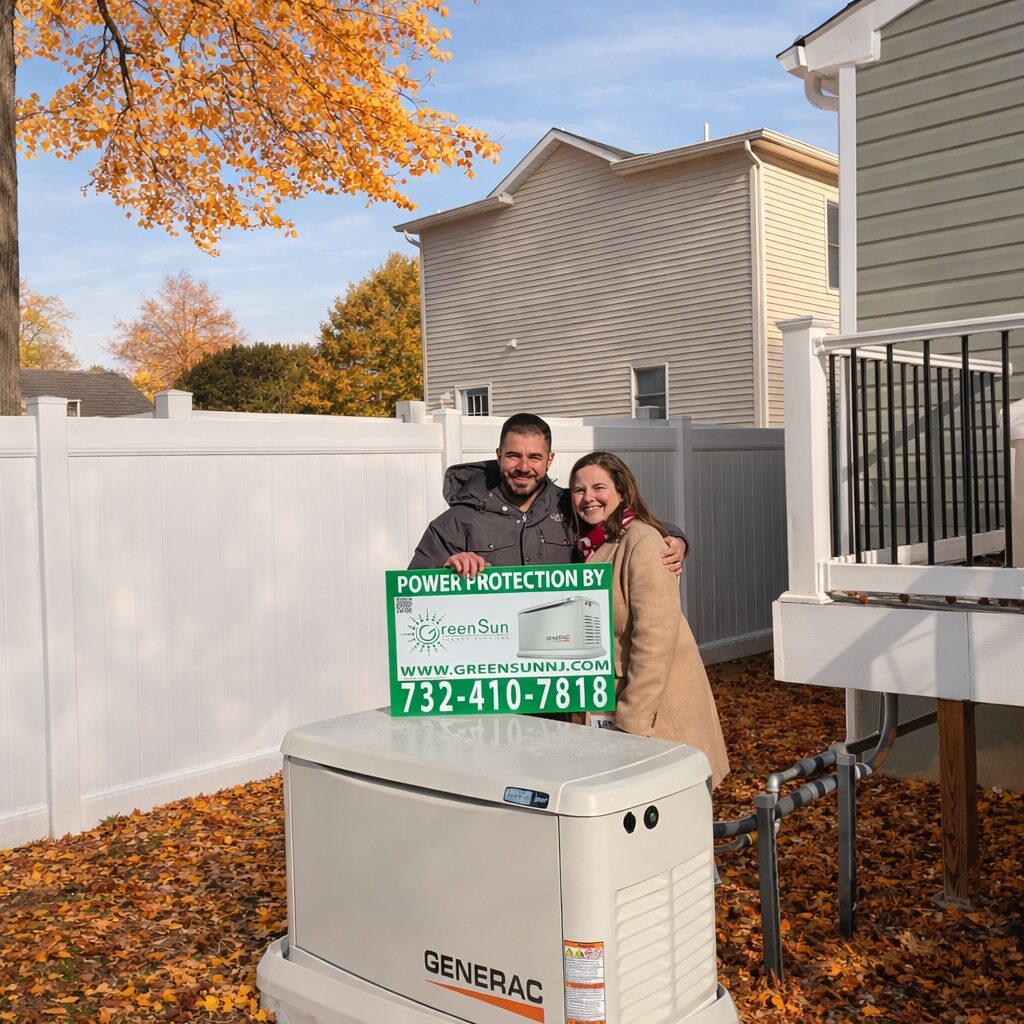 Atlantic Highlands, NJ homeowners holding a Green Sun Energy Services sign next to a Generac standby generator installed and maintained by Green Sun Energy Services, LLC