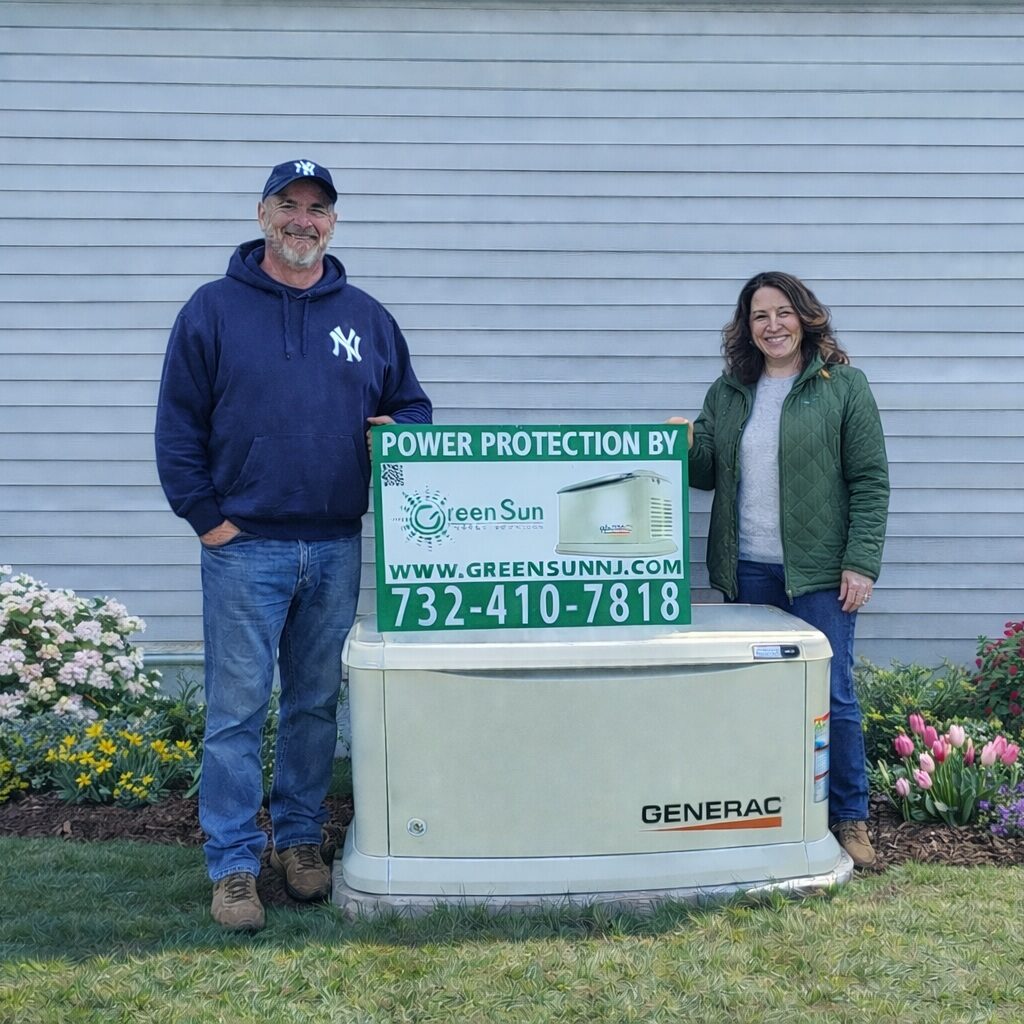 Bridgewater homeowner standing beside newly installed Generac standby generator by Green Sun Energy Services, LLC