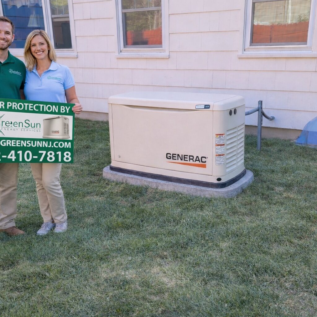 Brielle, NJ homeowner holding a Green Sun Energy Services sign next to a Generac standby generator installed and maintained by Green Sun Energy Services, LLC