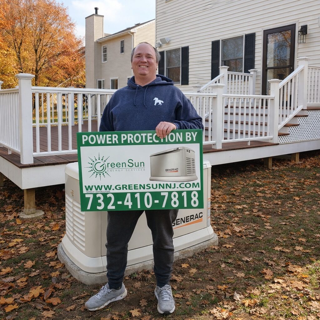 Fair Haven, NJ homeowner holding a Green Sun Energy Services sign next to a Generac standby generator installed and maintained by Green Sun Energy Services, LLC