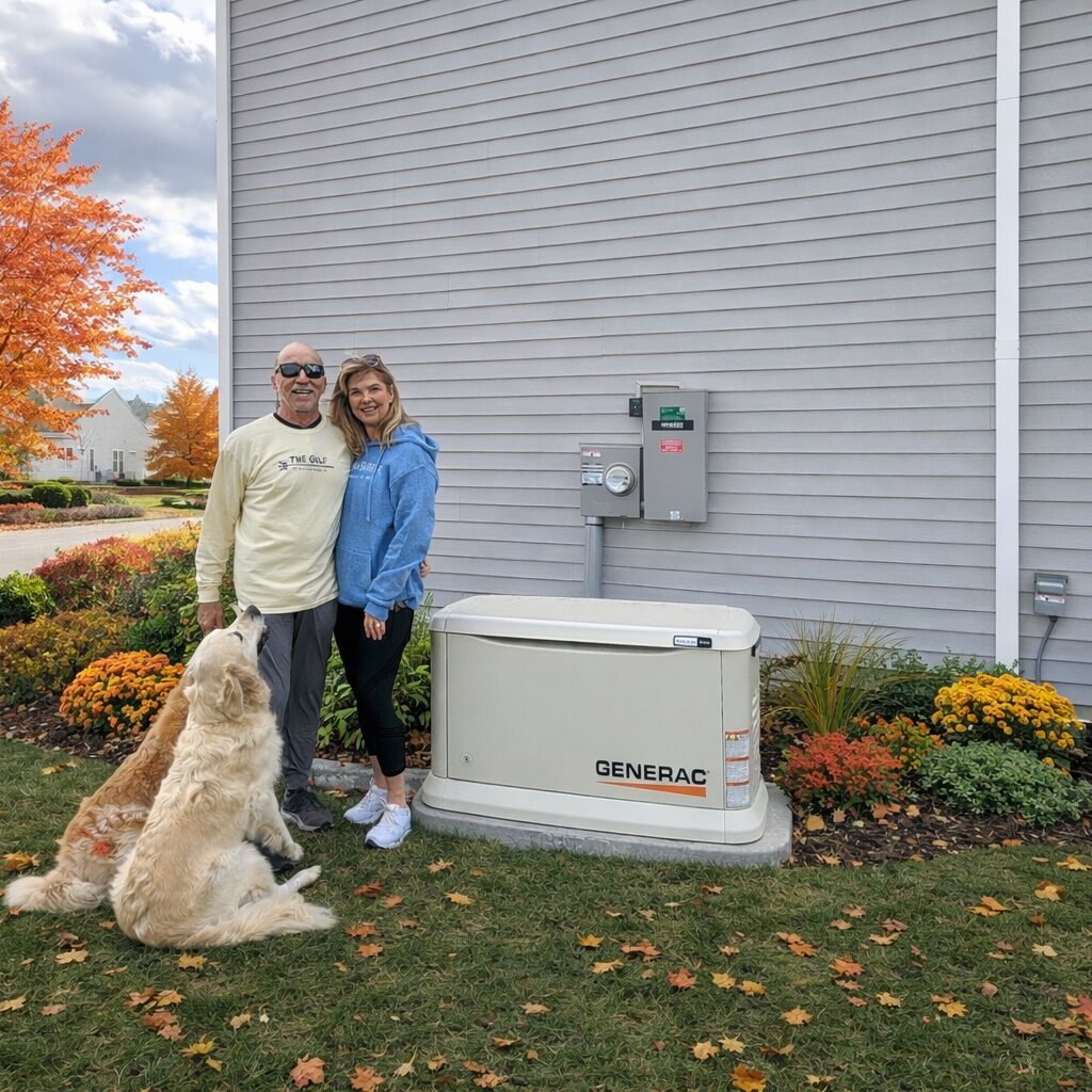 Farmingdale, NJ homeowner holding a Green Sun Energy Services sign next to a Generac standby generator installed and maintained by Green Sun Energy Services, LLC