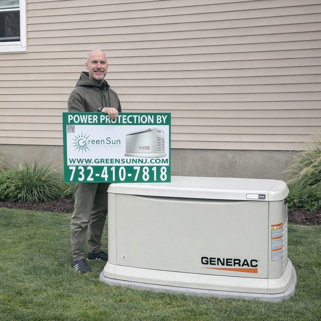 Client holding Green Sun Energy Services, LLC lawn sign near a newly installed Generac home standby generator in Freehold, NJ.