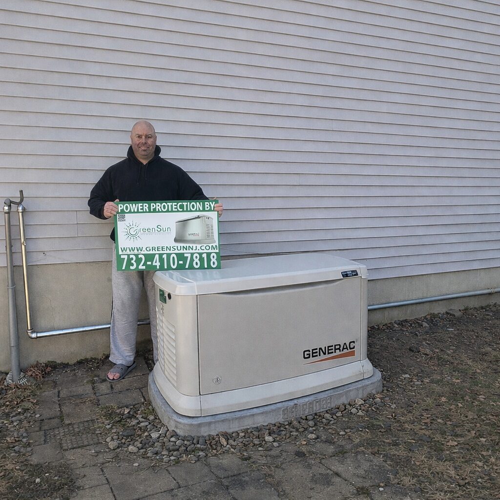 Belford NJ homeowner holding Green Sun Energy Services sign in front of newly installed Generac standby generator