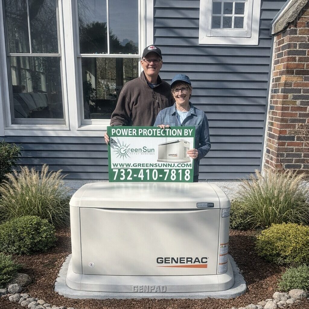 Clients holding Green Sun Energy Services, LLC lawn sign near a newly installed Generac home standby generator in Long Branch, NJ.