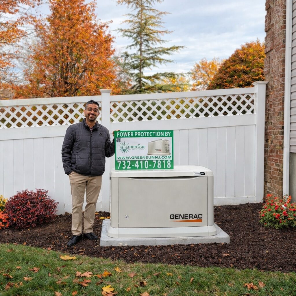 Client holding Green Sun Energy Services, LLC lawn sign near a newly installed Generac home standby generator in Manalapan, NJ.