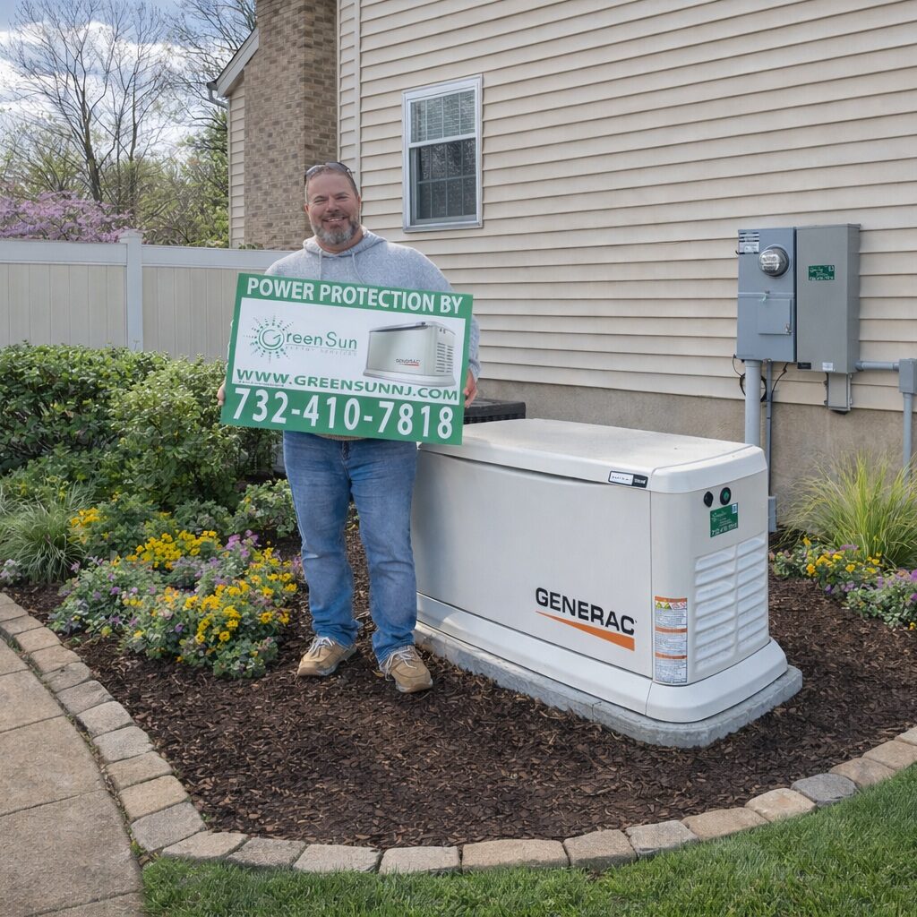 Client holding Green Sun Energy Services, LLC lawn sign near their newly installed Generac home standby generator in Matawan NJ