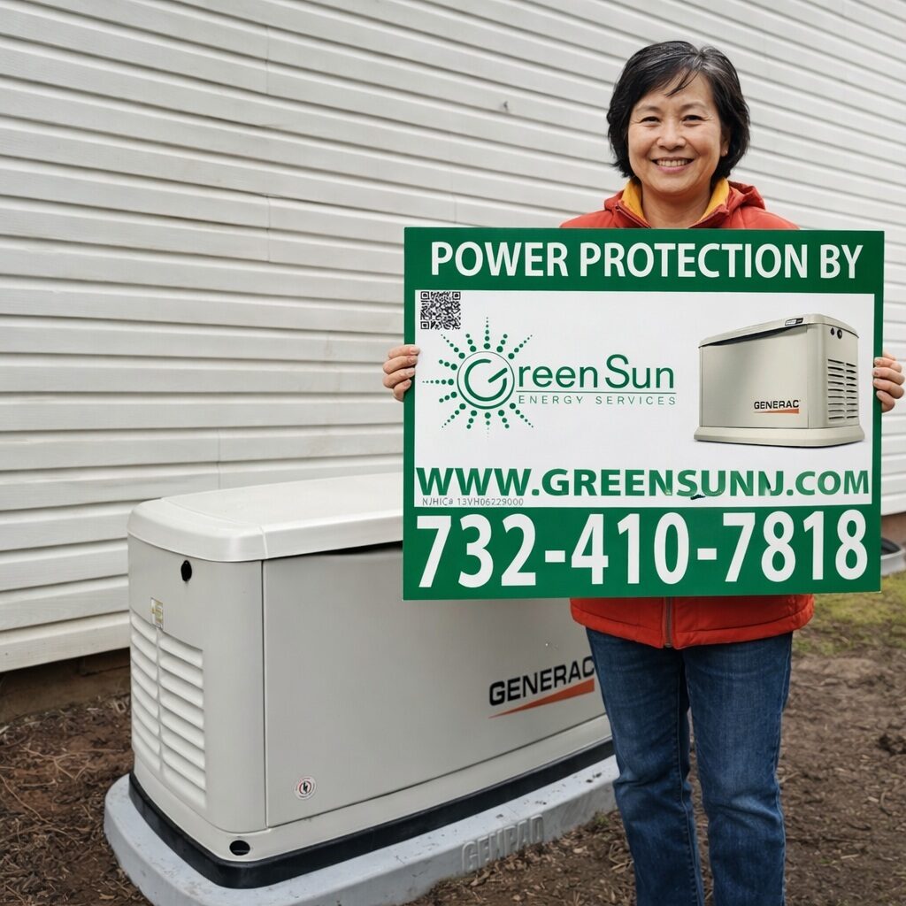 Metuchen homeowner standing next to a newly installed Generac standby generator by Green Sun Energy Services, LLC