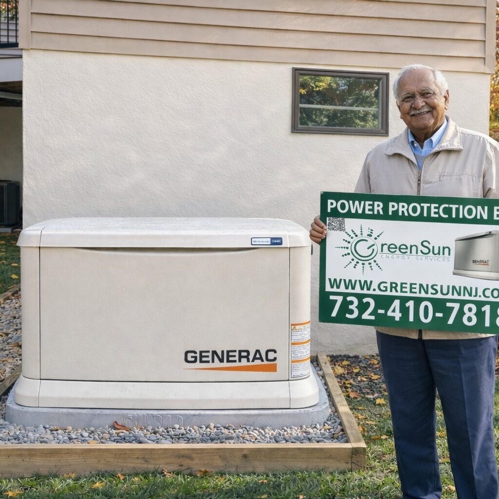 Client holding Green Sun Energy Services, LLC lawn sign near their newly installed Generac home standby generator in Ocean Township NJ