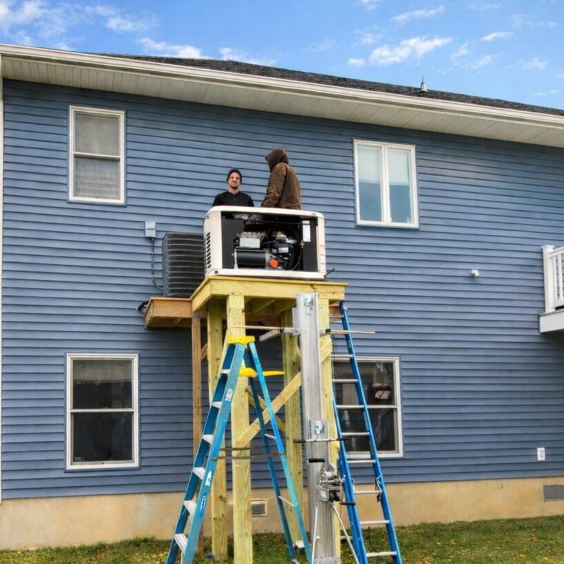Generac home standby generator being professionally installed on a 10-foot platform by Green Sun Energy Services, LLC in Port Monmouth, New Jersey
