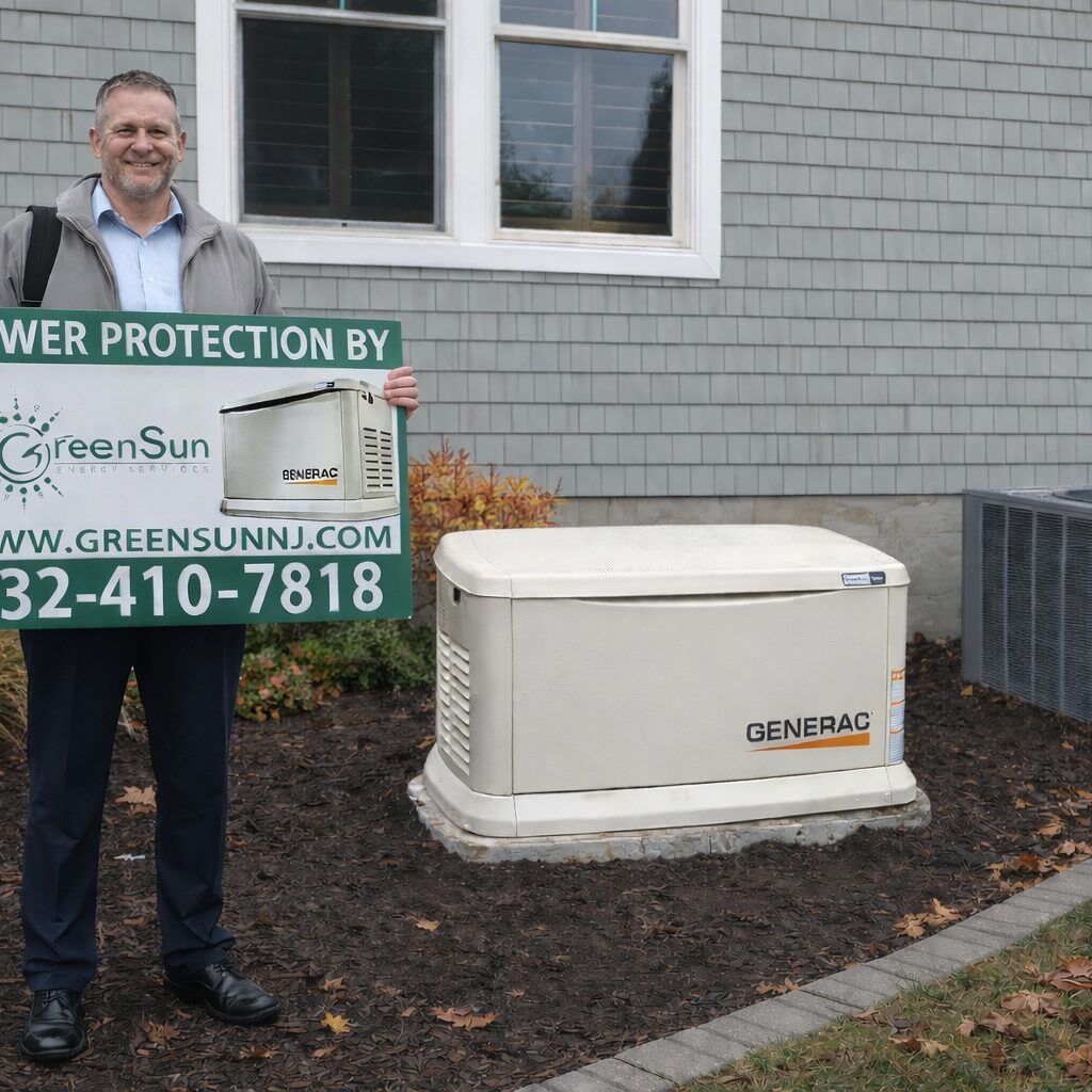 Robbinsville homeowner standing next to a newly installed Generac standby generator by Green Sun Energy Services, LLC