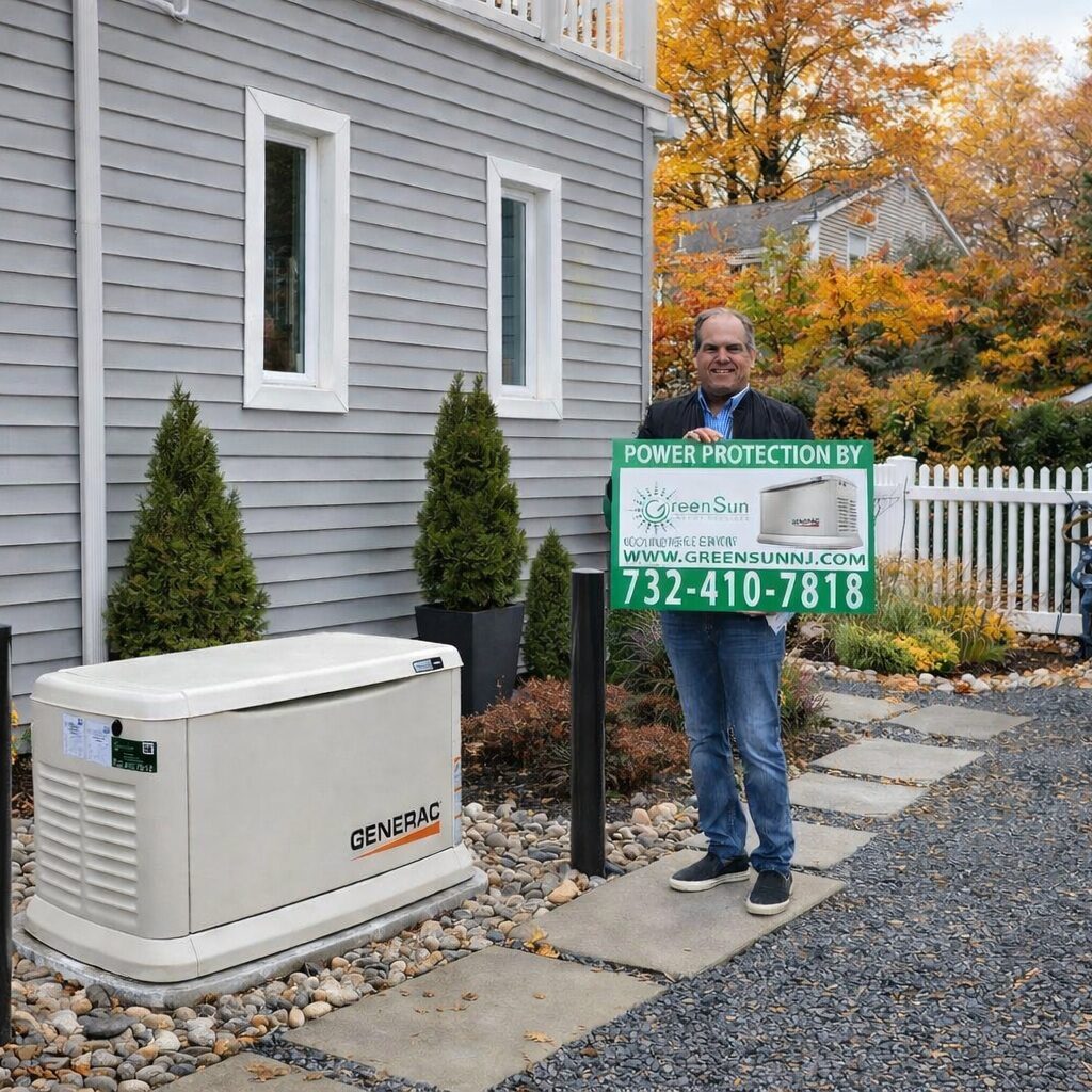 Client holding Green Sun Energy Services, LLC lawn sign next to newly installed Generac whole-home standby generator in Rumson, New Jersey