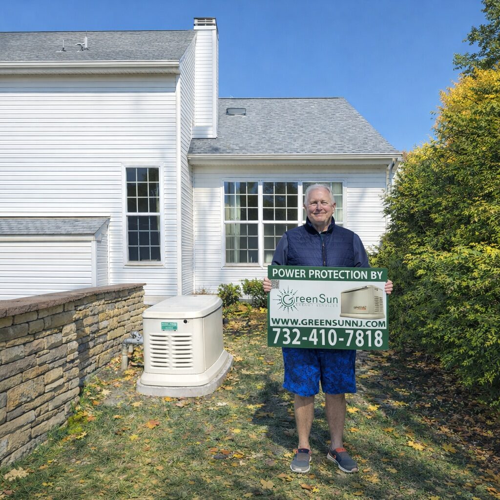 Client holding Green Sun Energy Services, LLC lawn sign near their newly installed Generac home standby generator in Tinton Falls NJ